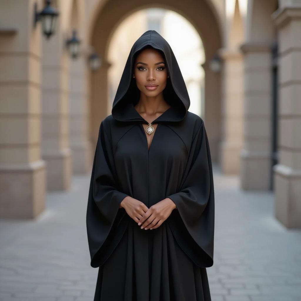 Black woman wears a black mage robe that gracefully flows around her. The robe has a hood down. She stands in an elegant archway with soft light illuminating the scene.