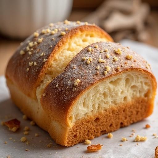 Close-up of a freshly baked loaf of bread with a crust and soft interior