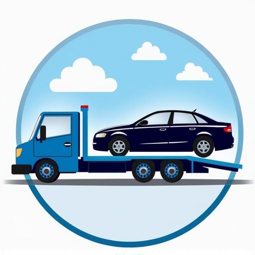 Flat-bed towing truck with a car on top in a circular logo design. Blue and white colors used.