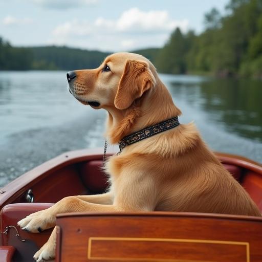A female golden retriever drives a Riva boat with a mahogany hull on a serene lake. The dog sits upright in the boat, enjoying a scenic view.