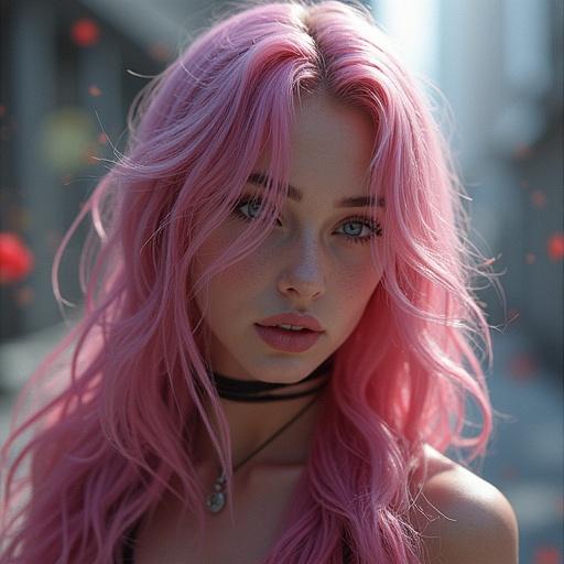 Create an eye-catching artistic representation of Ivy Valentine from Soul Calibur for an art project. Emphasize long pink hair and a dynamic pose with a soft background.