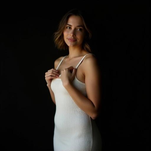 Photograph of a young woman standing confidently in a dimly lit indoor space with a dark background. She wears a form-fitting white tank dress. The composition highlights her relaxed pose and gentle smile. Soft lighting illuminates her face and upper body, creating warmth.