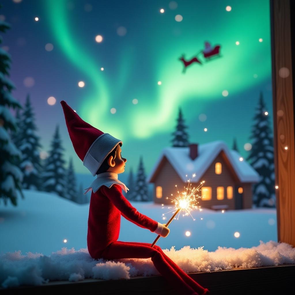 An elf on the shelf sits on a snowy window ledge, gazing up at the night sky. It holds a glowing wand that emits sparkling light. The background features colorful northern lights swirling above a cozy cabin decorated for the holiday season. Snow blankets the ground, enhancing the winter charm. In the distance, Santa and his sleigh can be spotted flying across the sky, completing the magical holiday scene. The elf embodies the spirit of Christmas, bringing joy and wonder to the viewer.