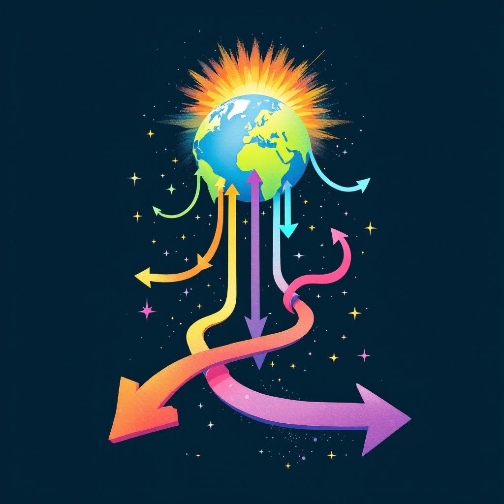 Surreal design of Earth surrounded by bright rays. Arrows point outwards representing career paths. Bold colors used in the abstract style. Symbolizes global connections and opportunities.