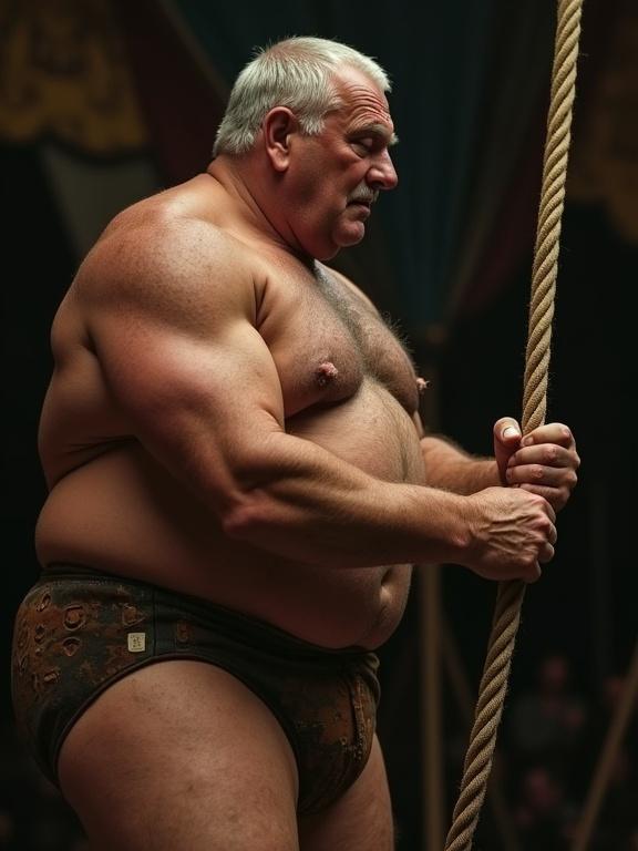 Cinematic ultra-photorealistic photograph in portrait orientation captured from an extreme worm’s-eye view. Features profile portrait of an elderly circus strongman mid-action straining to pull a thick coiled tightrope. Colossal corpulent frame radiates aged power with immense overdeveloped muscles and loose skin. Pectoral muscles glistening with sweat. Skin texture rendered in hyper-realistic detail, showing deep wrinkles and imperfections. Short-cropped silver hair and chiseled jaw. Wears rugged leather posing brief. Dark background suggests faded circus tent, softly blurred. Lit in dramatic Technicolor style with vivid high-contrast tones. Captures mythic strength and dignity.