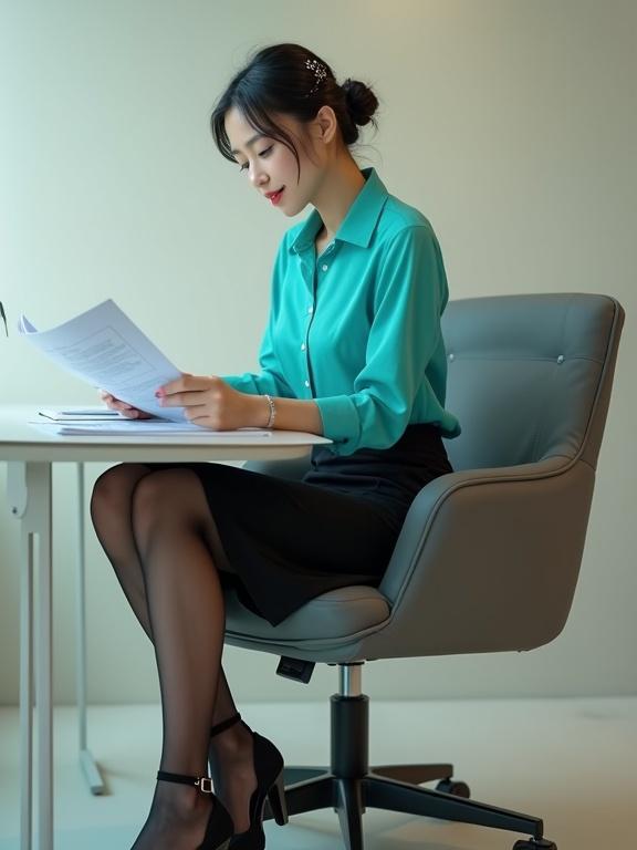 East Asian female agent sits at desk. She reads intel files. She wears a turquoise blouse and black knee-length skirt. Dark-grey pantyhose and black block-heeled shoes are worn. Hair is styled in a neat bun with a hair clip. The office has off-white walls.