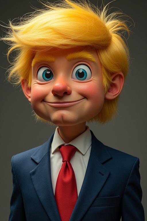 Stylized character with a vibrant yellow hairstyle and blue suit wearing a red tie. Character resembles popular gaming figures with exaggerated features. Digital illustration quality.