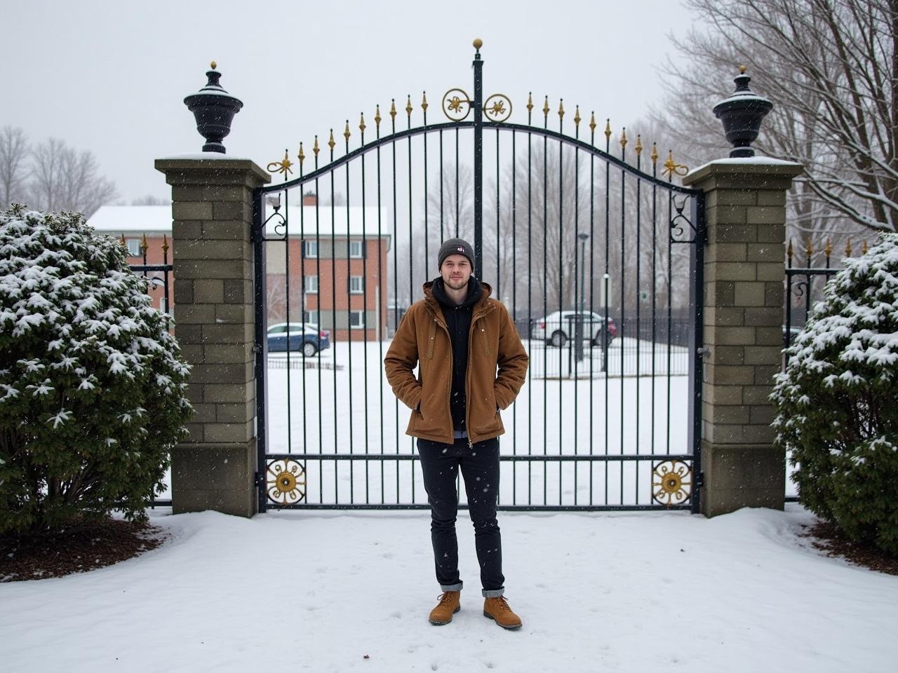 A person is standing in front of a gate that has a circular design. The surroundings are covered in a light layer of snow, indicating winter. The scene is quiet with a backdrop of a building and trees, lightly dusted with frost. The person is wearing a brown jacket and a cap, blending into the chilly atmosphere. The ground is white with snow, and the sky is overcast, enhancing the wintery feel. There are hints of green from the bushes and trees around the area.