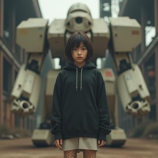 A young Mexican woman with short dark brown hair stands in front of a large mecha robot. The woman wears a black oversized hoodie and a light dress. The robot is imposing and light gray. The background is an industrial setting with metal structures. She makes a neutral expression and seems in her twenties. The composition balances the woman and the robot. The style is reminiscent of sci-fi artwork and video games.