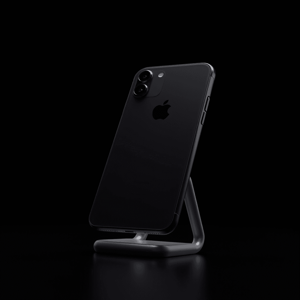 A black phone is elegantly displayed on a stand against a dark background.