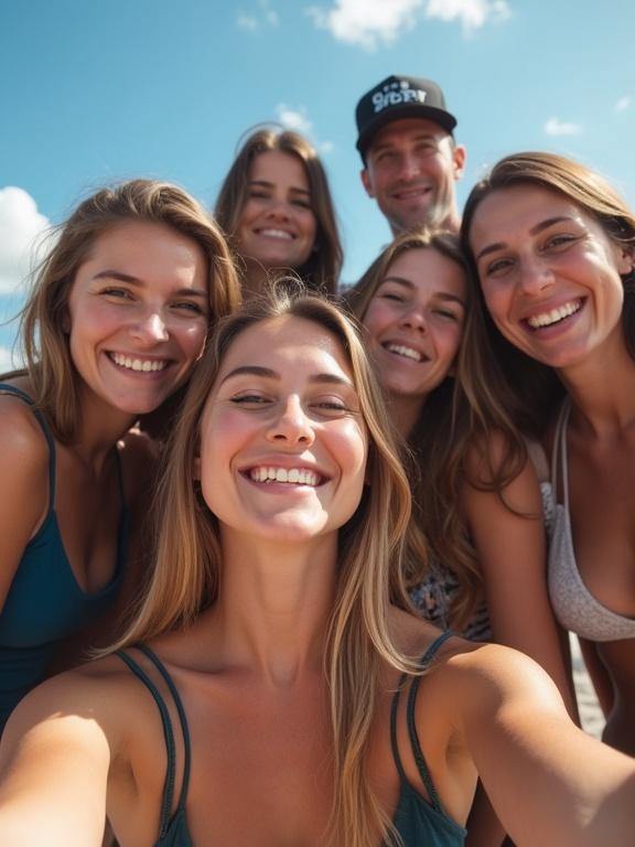 Group of people taking a selfie on the beach. Smiling faces and bright environment. Clear blue sky with some clouds. Diverse group showing happiness and enjoyment.