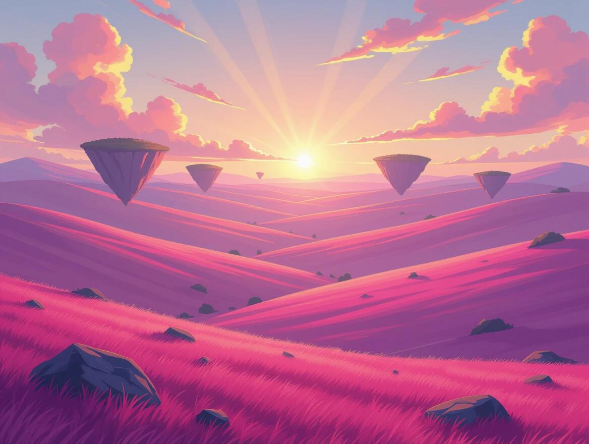 Fantasy landscape with pastel colors. Vast valley with pink grassy hills. Unique floating islands above. Warm sunlight streaming in. Wide-angle view capturing beauty. Soft painterly style reminiscent of Ghibli and Trigger.