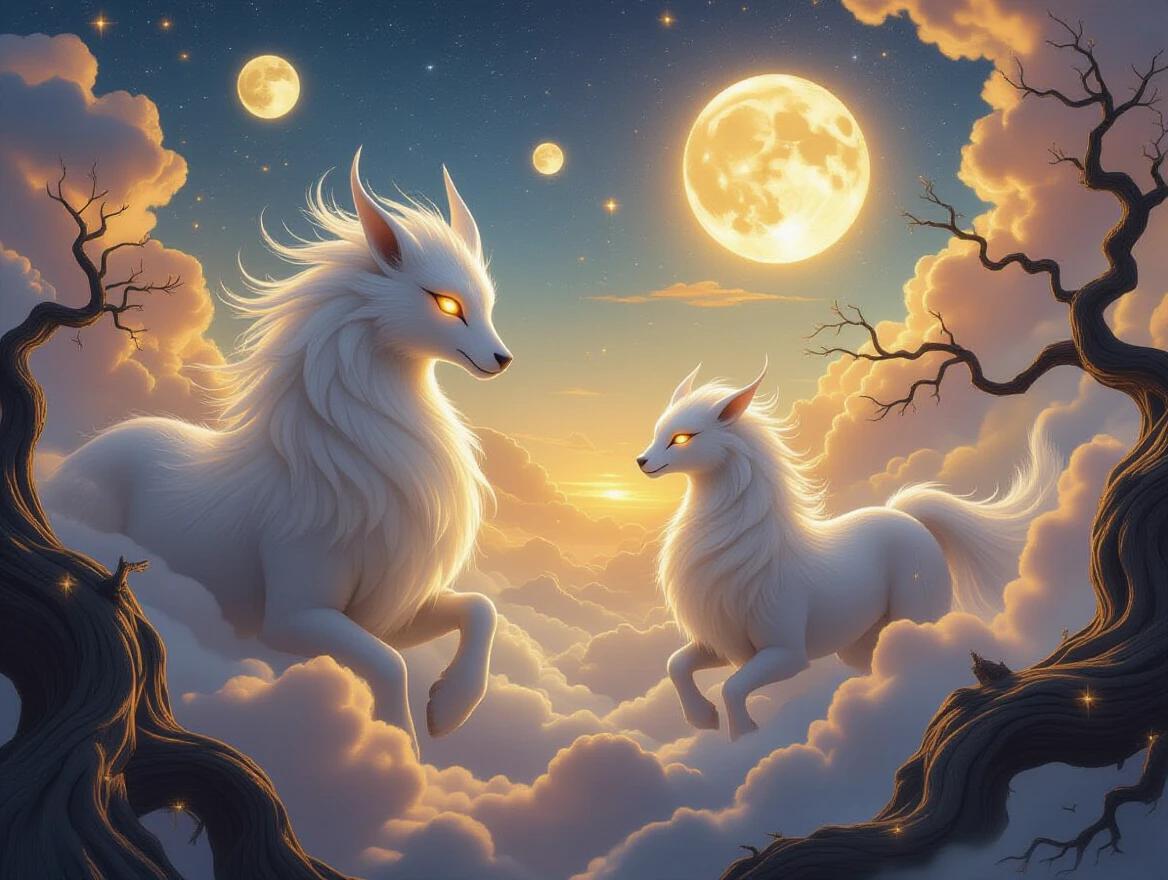 Kind mythical beasts in a celestial dreamscape with soft glowing eyes, flowing fur and feathers, swirling golden clouds, ancient twisted trees, twin glowing moons, gentle light in a cosmic atmosphere