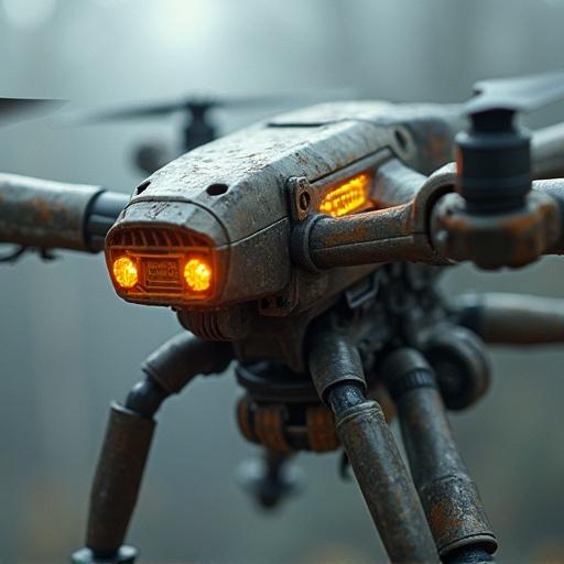 Close-up view of a surveillance drone emphasizing details and illuminating features. The aesthetic combines elements from the styles of Blame! and Half-Life 2. Focus on the rusty texture and glowing elements. A foggy background enhances the atmosphere.