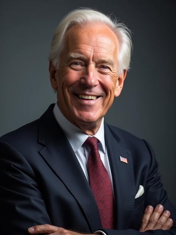 A man in a formal suit with a navy blue color and a tie. He stands with arms crossed. The background is dark and neutral in tone. He conveys a sense of professionalism and authority.