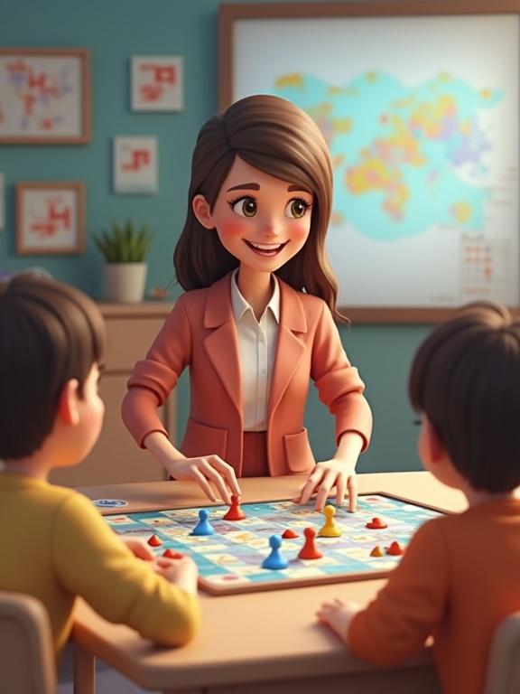 3D style image depicting a teacher engaging with students while playing a board game in a classroom setting