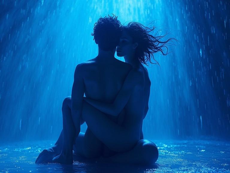 Surreal impressionist artwork depicting intimacy between two naked figures. Close-up view highlighting their embrace. The scene is bathed in glowing blue light with deep shadows and a vibrant textural quality. The use of expressionist brushstrokes creates a dreamy and ethereal effect. Emphasis on sharp details and high contrast in a monochromatic blue palette.
