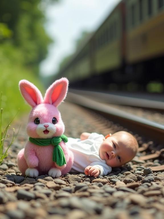 Joyful pink and white rabbit beside a baby lying on train tracks. Rabbit has a green scarf. Scene captures unexpected companionship. Bright daylight enhances vivid colors. Train blurs in the background. Framing with lush greenery on one side. Realistic style with surreal elements.