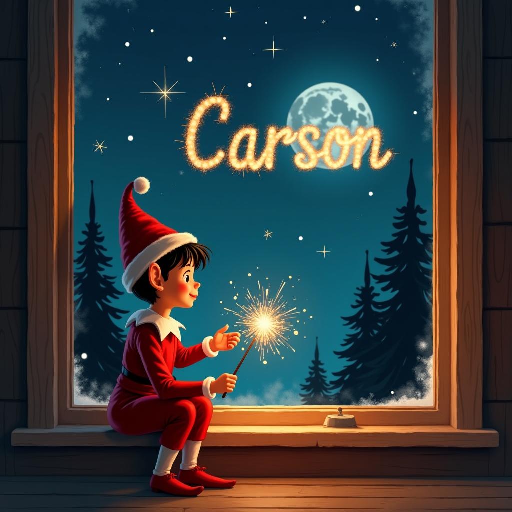 Illustration of an elf by a window at night. The elf has light brown skin and black hair. Dressed in red outfit and pointy hat. Elf uses sparkler to write 'Carson' in the night sky. Warm light creates cozy ambiance. Outside, a full moon shines on a starry night with pine trees in silhouette.