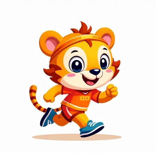Logo design of a children's sports brand mascot featuring a cute energetic tiger. The tiger has a round face and big sparkling eyes. It wears orange sportswear and a headband. The posture is dynamic and running. The theme colors are bright orange with blue and white accents. The design is flat vector style, minimal shadow on a white background. Emphasis on sports and health, suitable for ages 3 to 12.