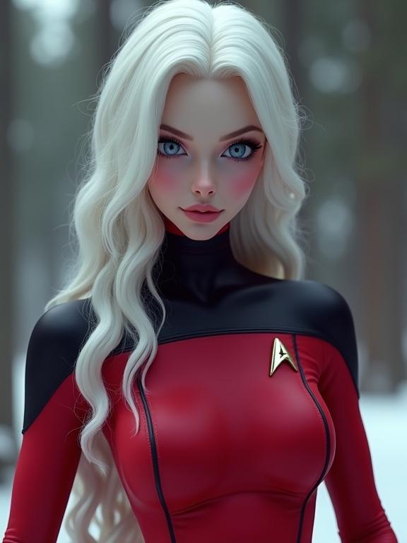 A futuristic female figure inspired by classic sculptures. Exaggerated proportions with voluptuous curves. Very white Nordic skin. Star Trek captain uniform with red bodysuit and black shoulders. Long white hair, light blue eyes, slim body. Form-fitting suit with RGB LED lighting. Outdoor scene with holographic glasses.