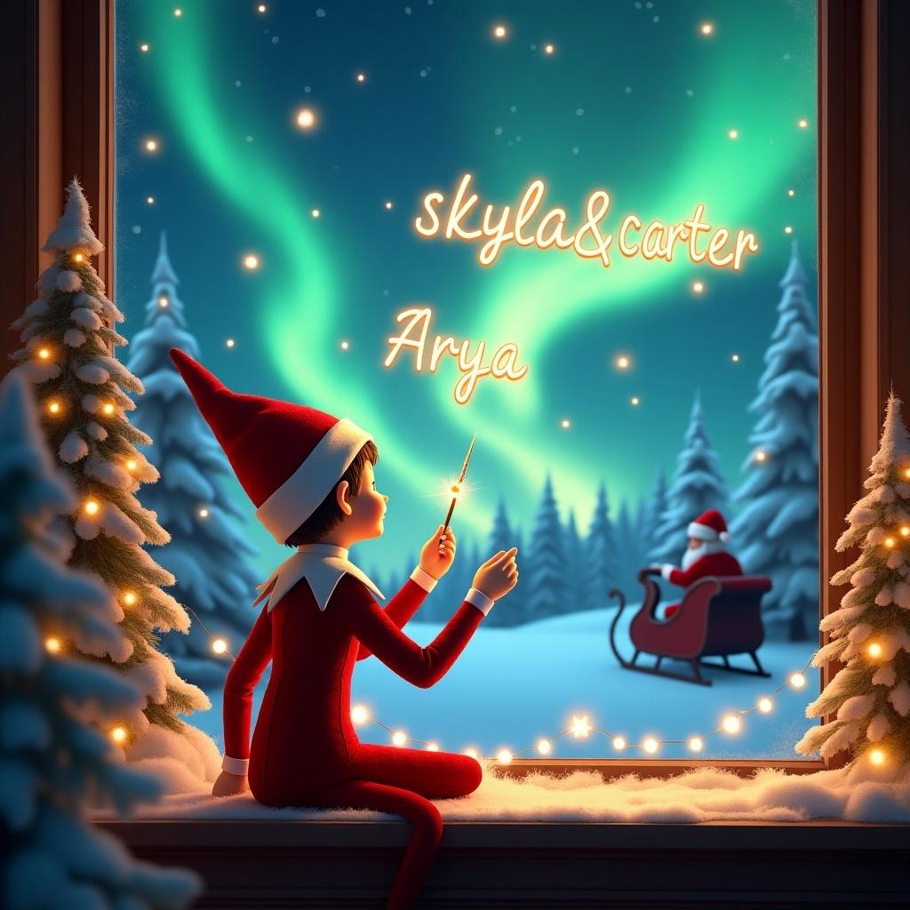 An enchanting Christmas scene shows a playful elf sitting on a window ledge. Dressed in red and white, the elf has its back to the viewer and gazes at the colorful northern lights. With a magic wand, the elf writes the names 'skyla&carter' and 'Arya' in glowing letters above. Snow-covered trees adorned with twinkling lights surround the elf, creating a festive atmosphere. In the background, Santa Claus can be seen in his sleigh, adding to the holiday spirit. The overall ambiance is magical and cheerful, perfect for the Christmas season.