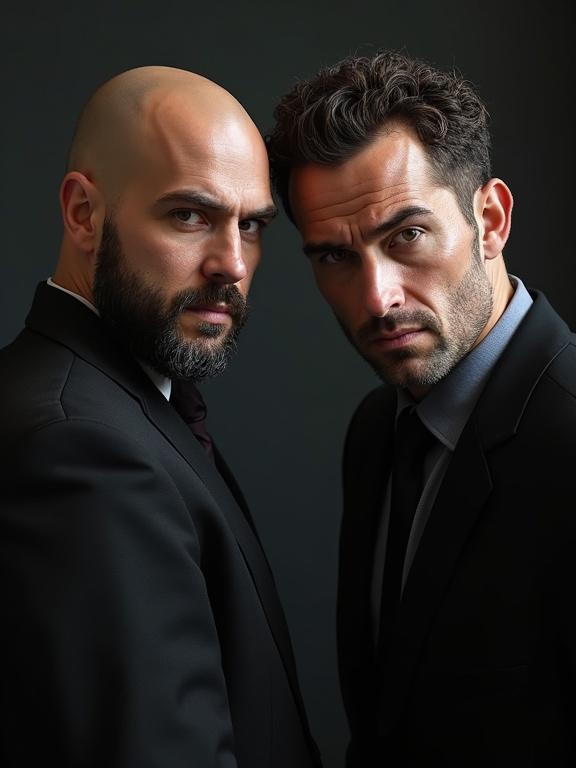 Two gangsters stare into the camera. One man has a bald head. The other has thick wavy hair. Both look menacing and dressed in black suits.
