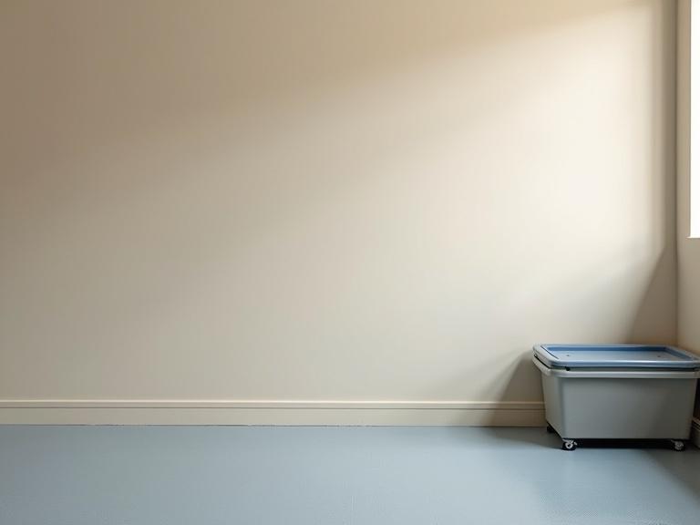 Simple clean kids space for a 10-year-old boy. Neutral colored soft vinyl rubber floor. Pale beige walls. Plastic toy storage box with lid on the side. Balanced lighting. Spacious center area. Undecorated.