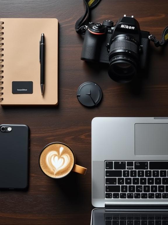 Photograph features neatly arranged items on a dark brown wooden table. Includes a silver MacBook, an iPhone with a black case, a cup of coffee with frothy top, a black Nikon camera, a black lens cap, a pen on a beige notebook, and a small black card. Scene has a minimalist, modern aesthetic.