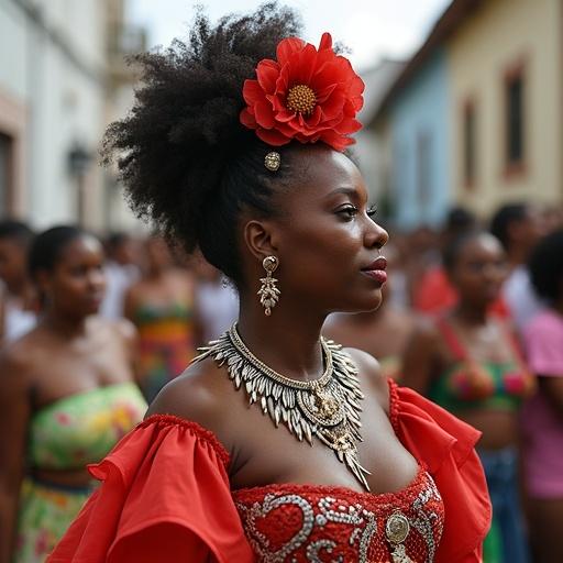 Black Brazilian woman from Pelourinho in Salvador de Bahía wearing traditional ruffled dress and distributing Nosso Senhor de Bonfim ribbons.