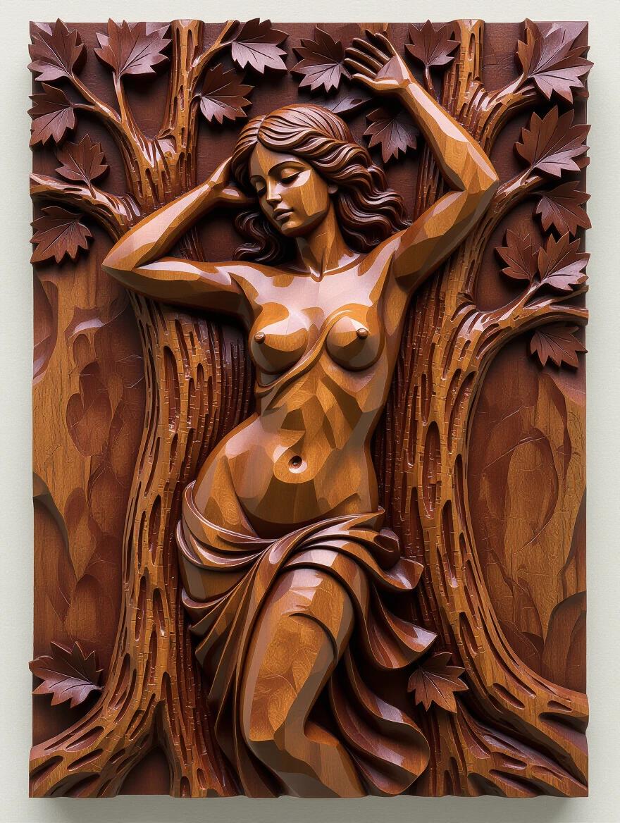 3D detailed wooden relief carving of a nude female figure surrounded by trees. Soft natural light on the sculpture. The texture of the wood grain is visible, conveying a sense of natural beauty. This piece illustrates a living spirit emerging from the wood.