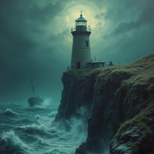 An oil painting of an old lighthouse on a high cliff during a storm. A ship navigates the choppy waves. The style is surreal with influences from Zdzisław Beksiński. The atmosphere is dramatic with shadows and colors evoking a haunting feeling.