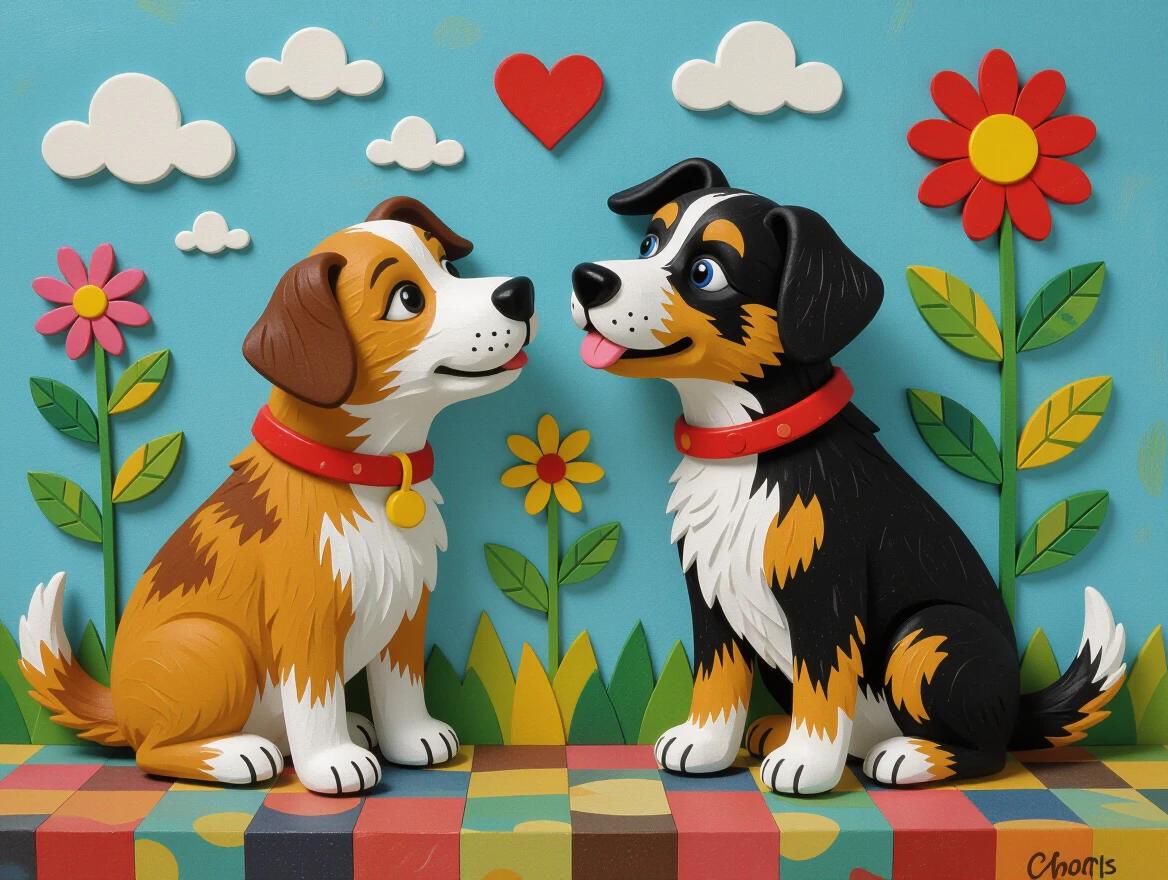 Depiction of two cartoon dogs facing each other. One dog is brown and white; the other is black and white. The background features flowers and a heart. The artwork has a colorful, vibrant style with layered elements. There is a playful and whimsical atmosphere. Artistic design is inspired by various famous folk and mixed media artists. Suitable for children's decor.