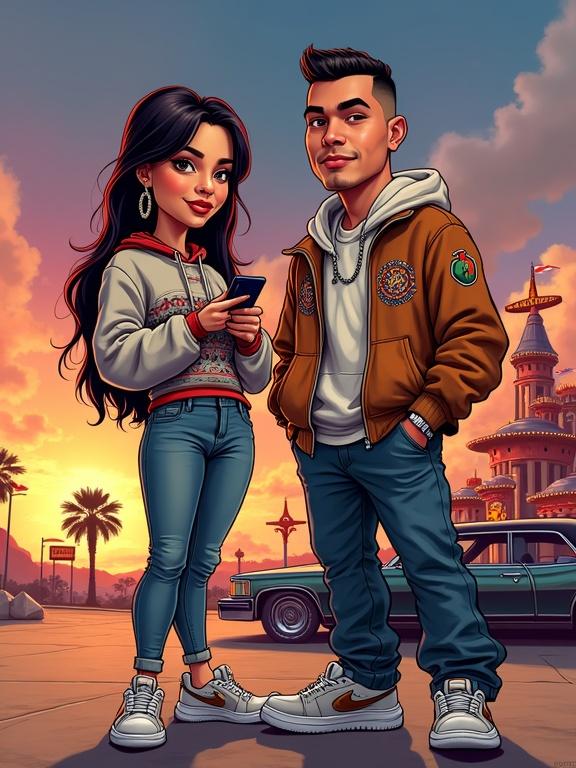 Caricature-style digital illustration featuring Diana Lizette Smith and Charles Ethan Garza. Diana holds a smartphone showcasing Spanglish memes. Both characters dressed in trendy outfits blending streetwear and traditional elements. Background includes a kitschy Tex-Mex castle and a lowrider car with music. The artwork is colorful and exaggerated, celebrating Chicano culture.