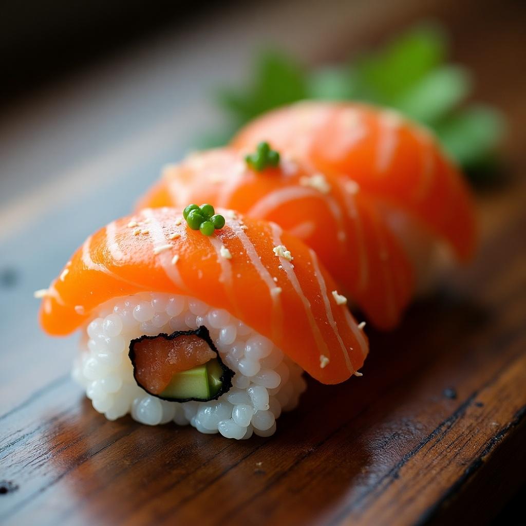 Close-up image of sushi. Focus on a roll topped with salmon and garnished with green herbs. Natural lighting highlighting the ingredients. Placed on a wooden surface.