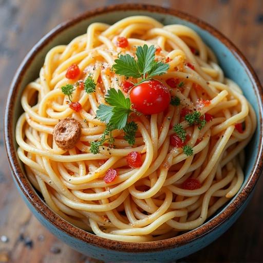 A delicious bowl of spaghetti topped with herbs and a cherry tomato. The spaghetti is twirled perfectly and served in a rustic bowl. The texture of the pasta is clearly visible and garnished nicely.