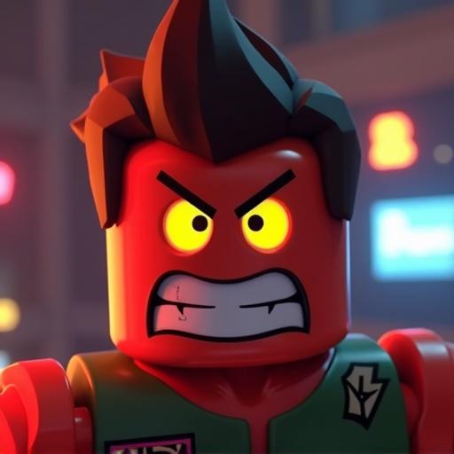 Face of Roblox avatar shows anger. Bright eyes depict frustration. Lighting emphasizes emotions. Close-up of character in digital lobby.