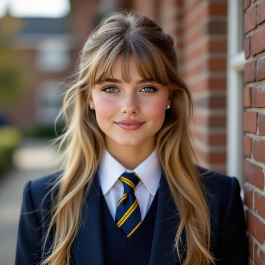 17 year old girl with long blond hair and fringe. Wearing a white shirt and a dark blue tie with double yellow stripes. Dressed in a dark blue v neck jumper and a dark blue blazer.