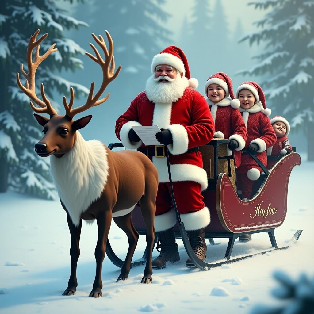 Realistic depiction of Santa Claus on a sleigh pulled by a reindeer named Harlow in a snowy landscape. Santa wears a classic red suit with white fur trim. The reindeer stands beside him showcasing its antlers. Soft snowfall enhances the wintery atmosphere. Santa holds a list in his hand.