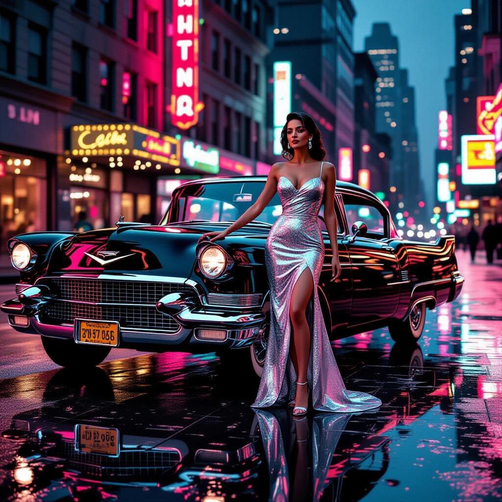 A woman in a liquid-silver dress leans against a mirror-black 1957 Cadillac Eldorado. The setting is a 1950s downtown at midnight with wet asphalt reflecting neon lights. The scene has a cinematic atmosphere with raindrops creating a 3D effect and individual reflections on cobblestones.