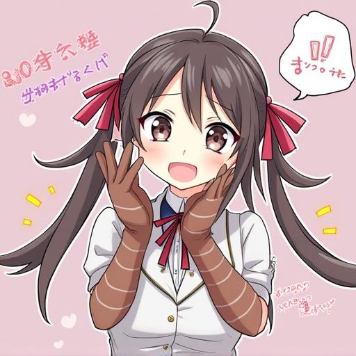Character illustration featuring a girl with brown hair and pink ribbons wearing a school uniform. She has a cute expression and is gesturing excitedly. Background is soft and pink.