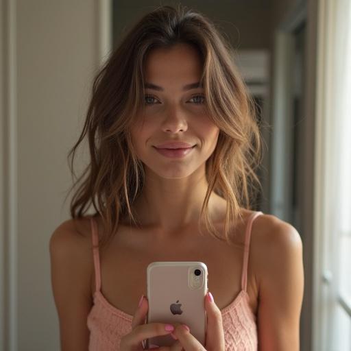 A 21-year-old gorgeous girl taking a mirror selfie. The girl has light brown hair and is wearing a pink top. She is holding a phone in front of a mirror in a softly lit room.