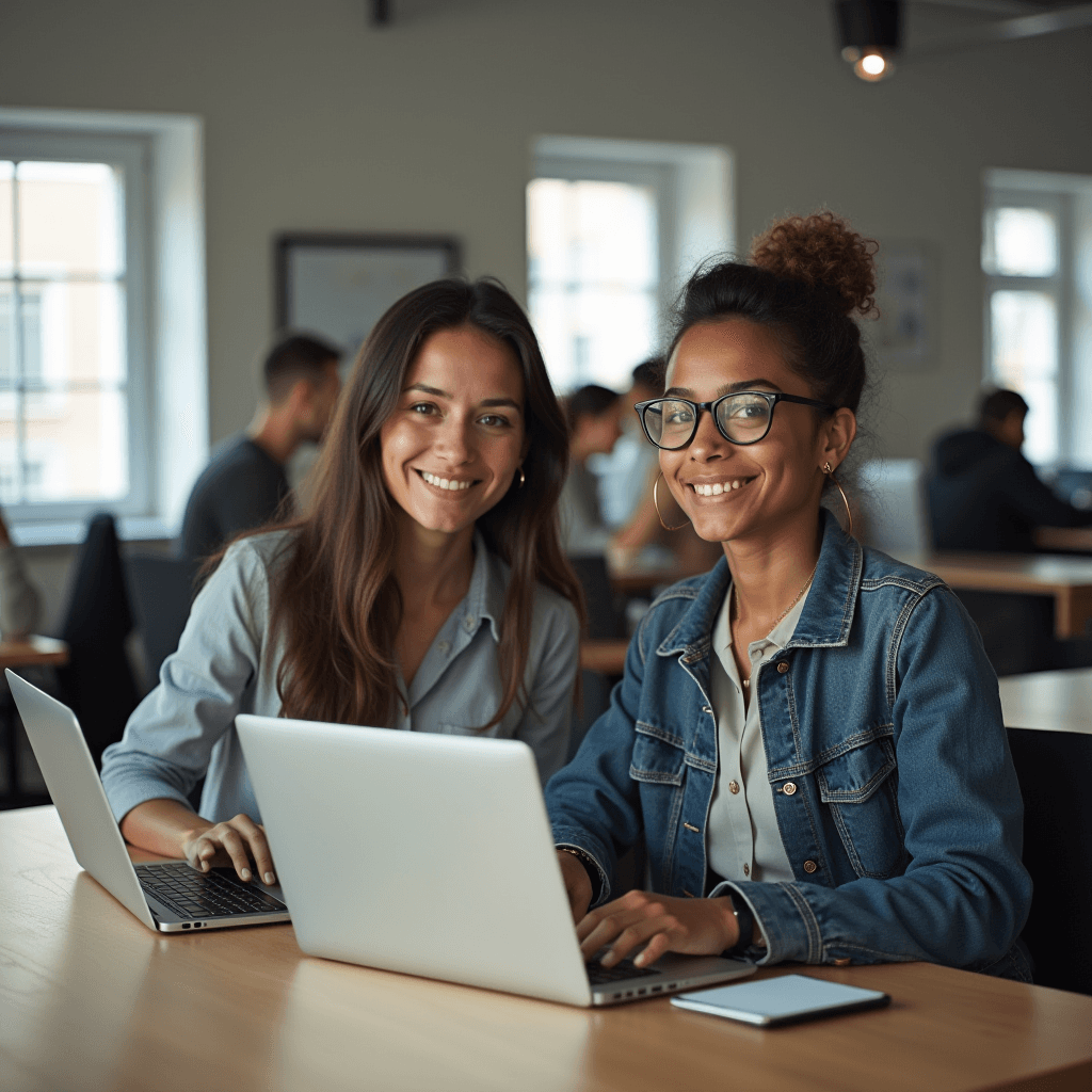 Two women sit side by side at a table, each using a laptop, smiling warmly towards the camera in a modern office setting.