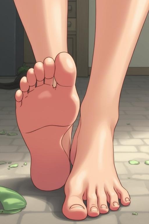 Close-up of a pair of anime feet showing the soles. Feet are depicted with a smooth texture. Background shows hints of a home environment. Vegetation can be seen nearby.