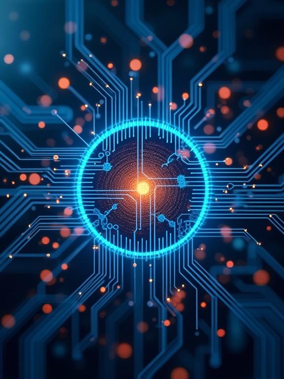 Visual representation of electric circuits designed for a book cover. Includes a central glowing circle with intricate circuits surrounding it. Use vibrant blue and orange colors for visual appeal.