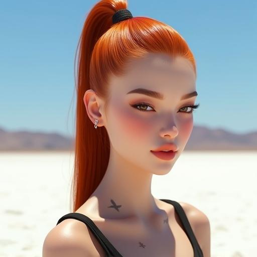 Realistic closeup photo of a slim girl in a desert. Long red-orange ponytail, arched eyebrows, piercing. Bright white ground, blue sky, shadows present.