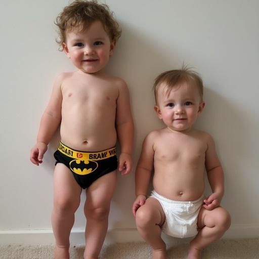 Two young children standing side by side. A boy in Batman underwear. A girl in a diaper. Both are smiling. Bright natural light highlights their playful nature.