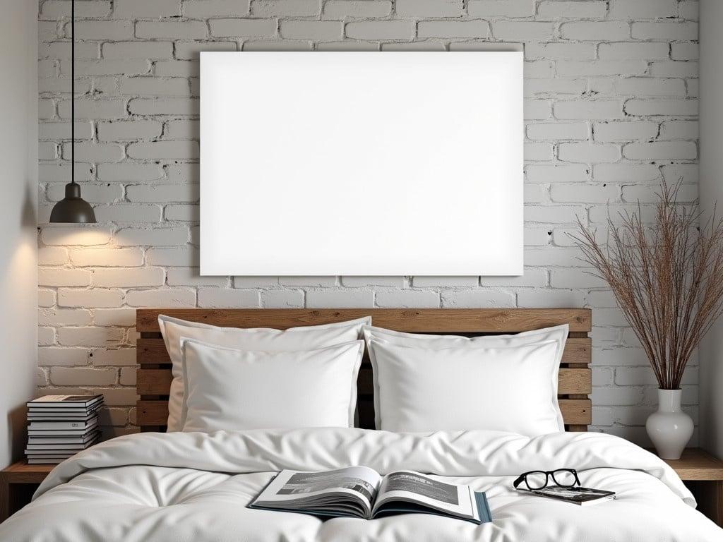 This is a cozy and minimalistic bedroom interior design. The room features a rustic brick wall painted in light grey and a blank white canvas hanging above the bed. The bed is made of wooden pallets, showcasing a simple and modern style. There are plush white pillows stacked against the headboard, creating a soft and inviting look. On one side of the bed, there are several stacked books, along with a pair of reading glasses and an open magazine. A slender vase with dry branches adds a touch of natural elegance to the decor, while a pendant light hangs overhead. The overall ambiance is calm and peaceful, perfect for relaxation.