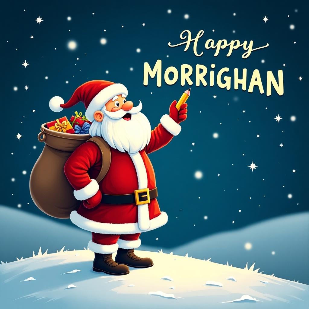 Magical winter scene with Santa Claus on snowy hill under starry night sky. Santa wears traditional red and white suit, holds pencil, writes names of children in the sky. Large sack of gifts on his back. Bright night with twinkling stars. 'MORRIGHAN' displayed in whimsical font.