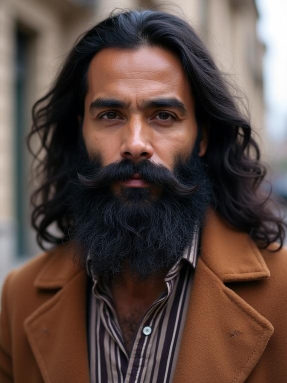 Indian man with black beard. Man has long black hair. He wears a brown coat and a striped shirt. Posed outside a building. Background is white.